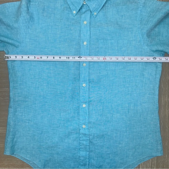 Brooks Brothers Irish Linen Button Down Shirt XL Aqua Blue Short Sleeve Slim Fit - Picture 8 of 9